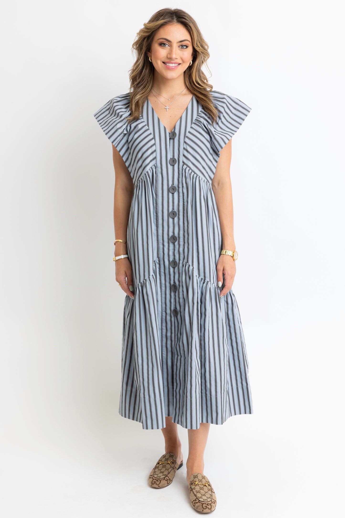 Stripe Vneck Button Maxi Dress