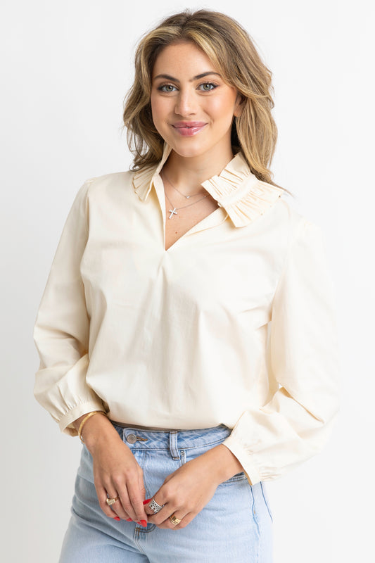 Poplin Ruffle Neck Top