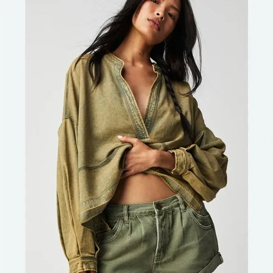 Free People Jude Denim Pullover Warm Camel