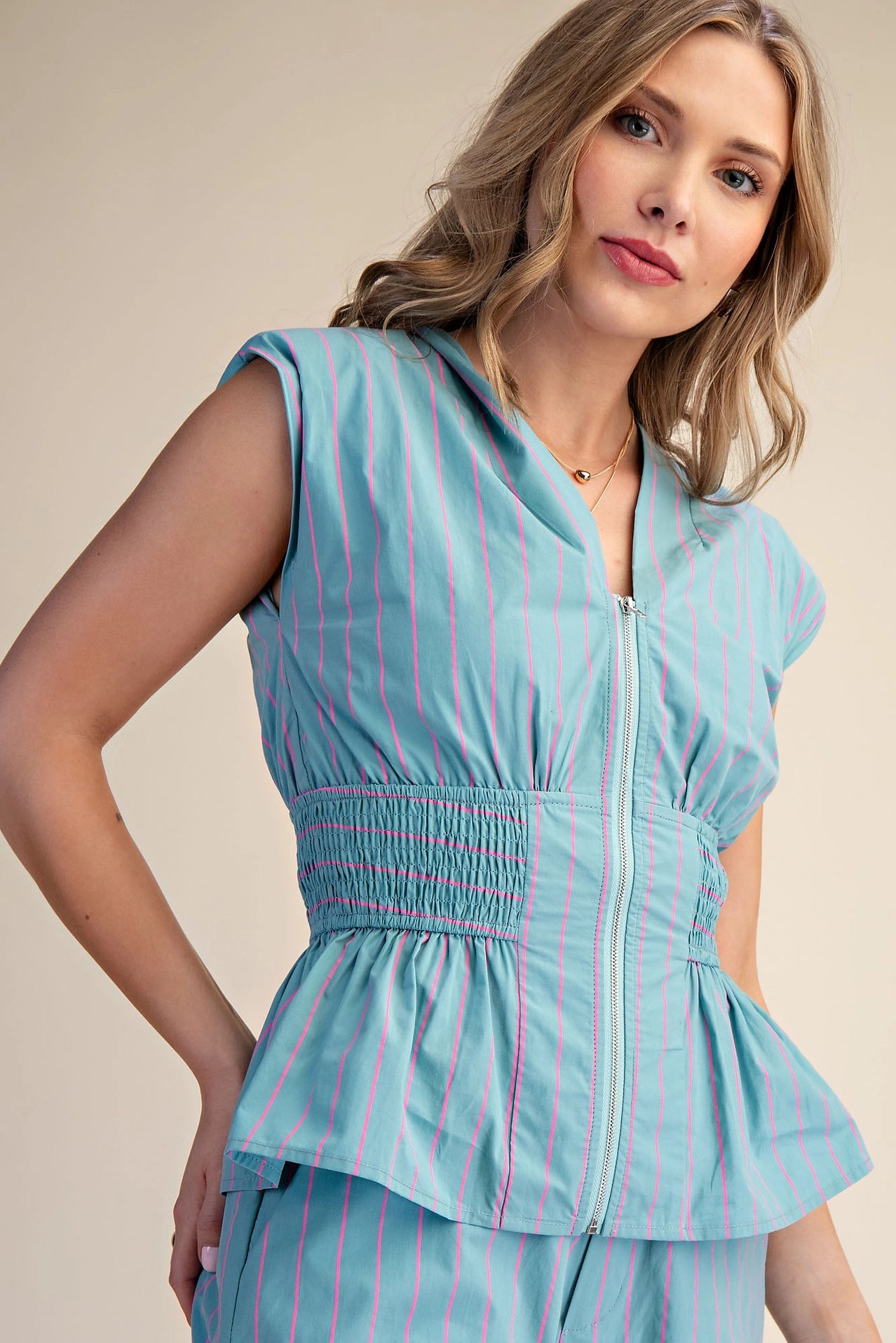 V-Neck Sleeveless Front Zip Top & Shorts Set