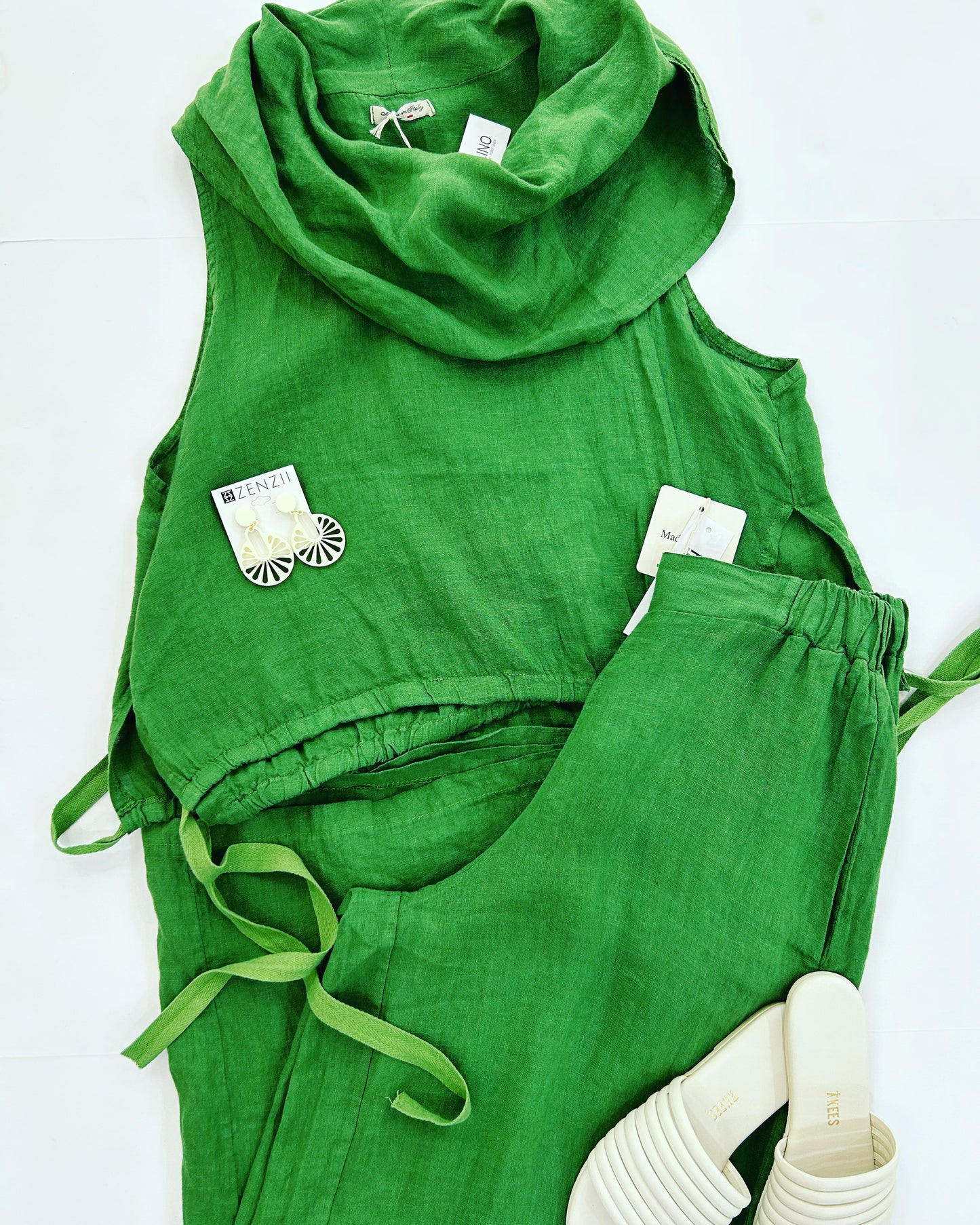 Green Linen slit top with Ties