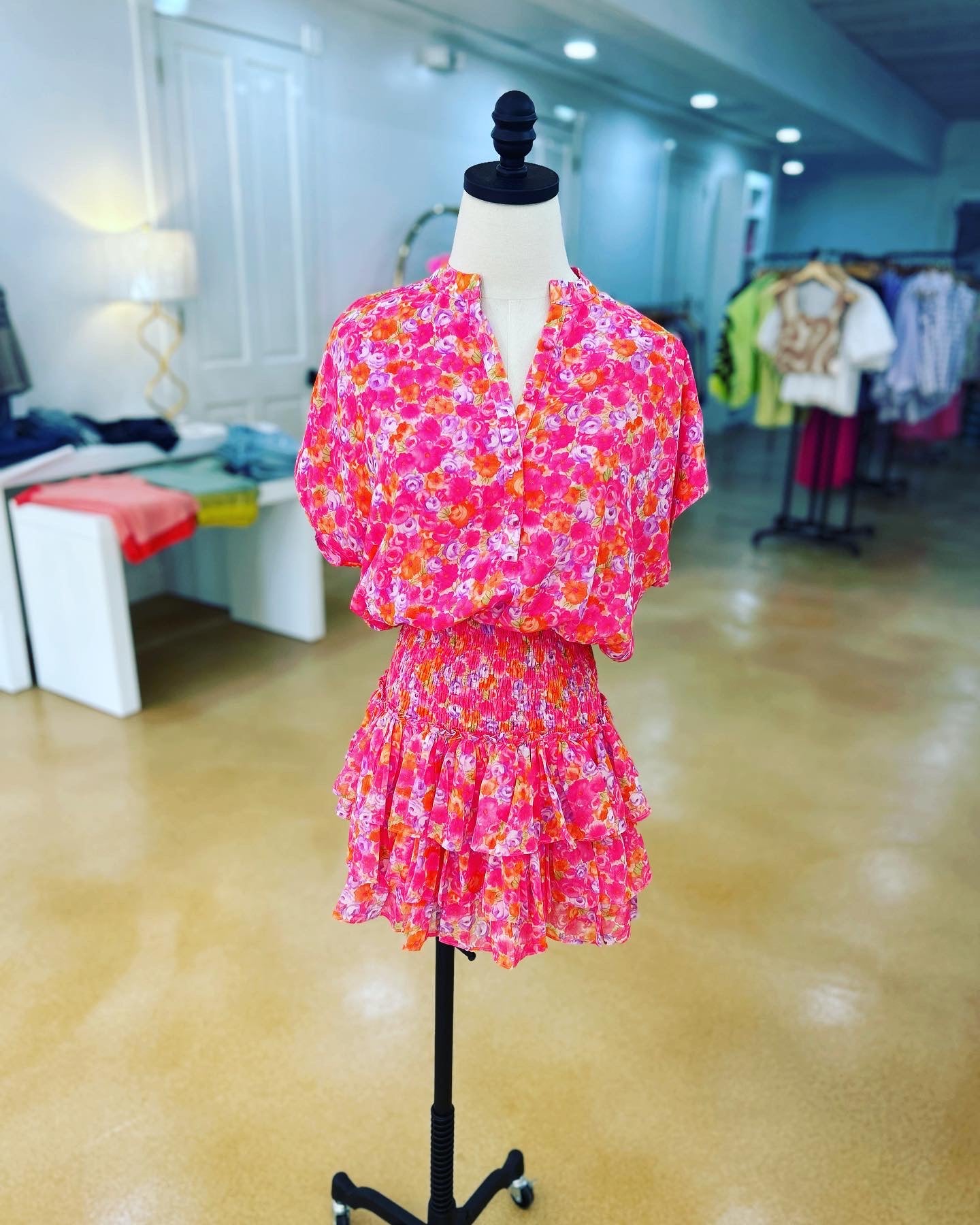 RESET Hot Pink Floral Button Down Smocking Mini Dress