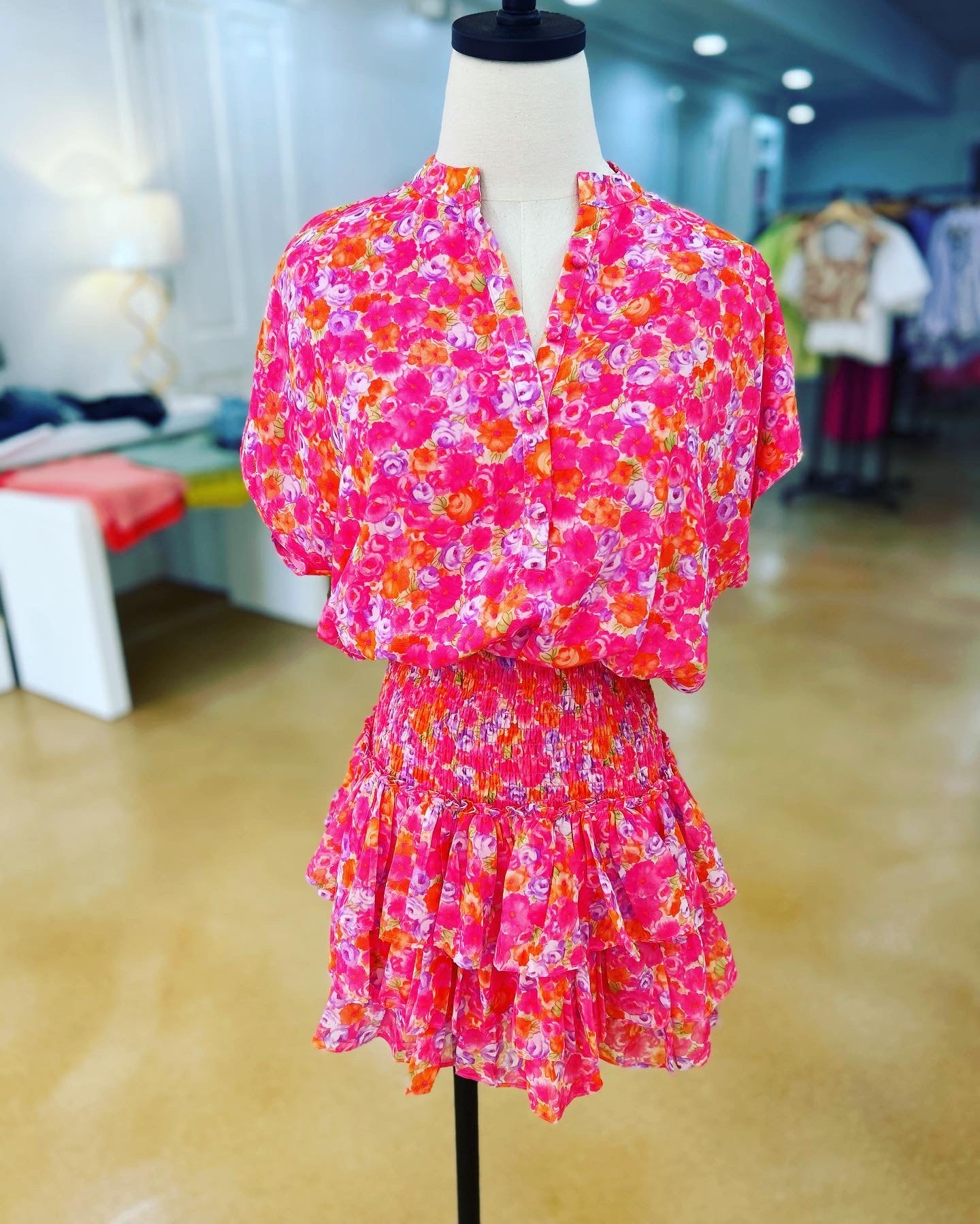 RESET Hot Pink Floral Button Down Smocking Mini Dress