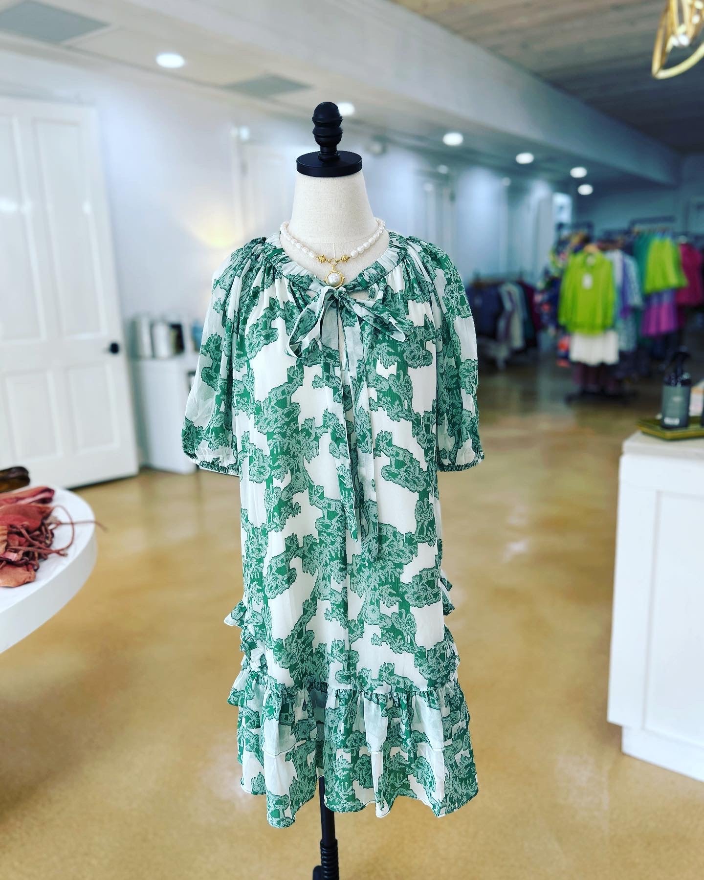 Green Floral Ruffle Mini Dress