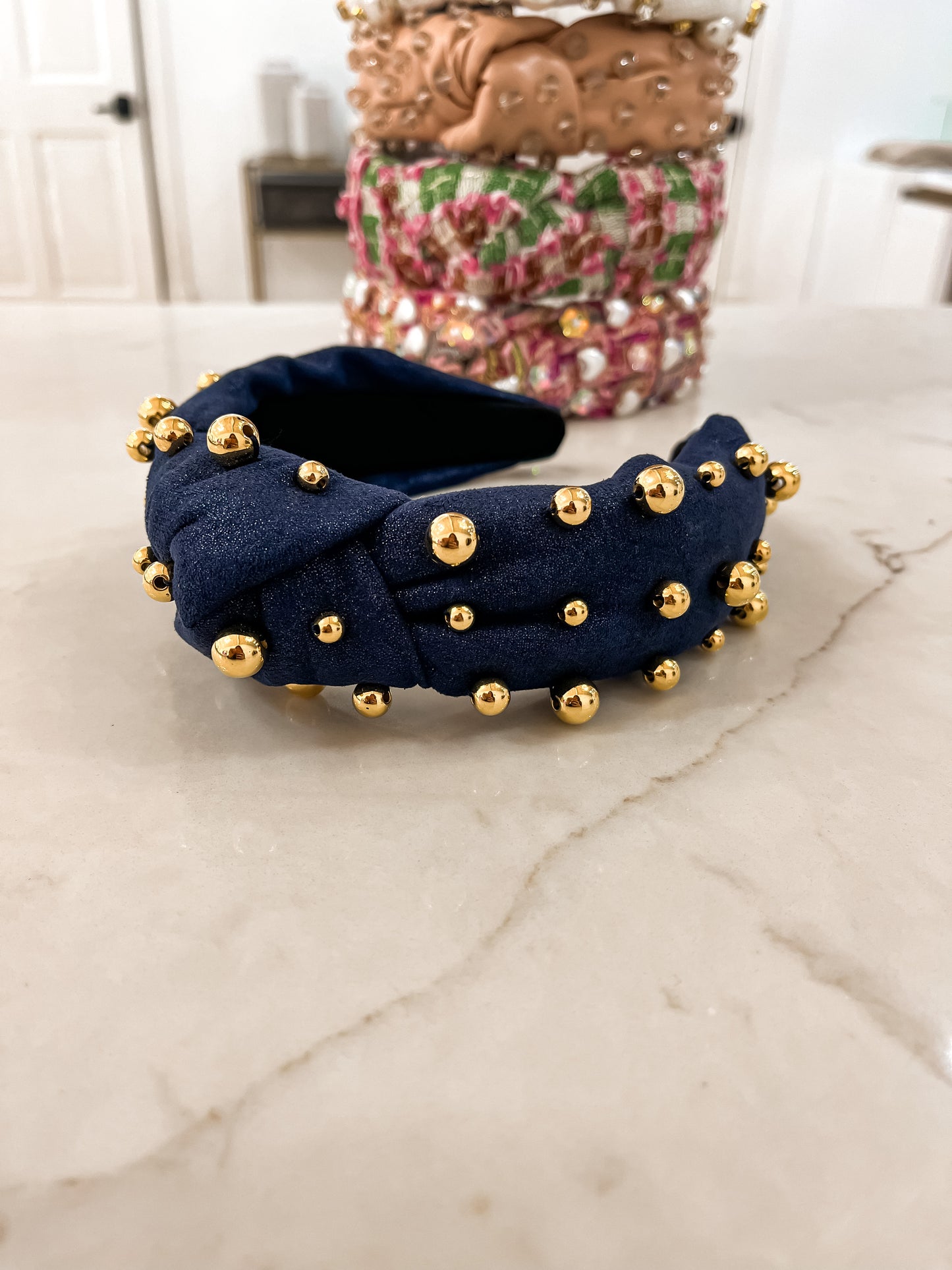 Brianna Cannon Headband Navy Shimmer Gold Beads